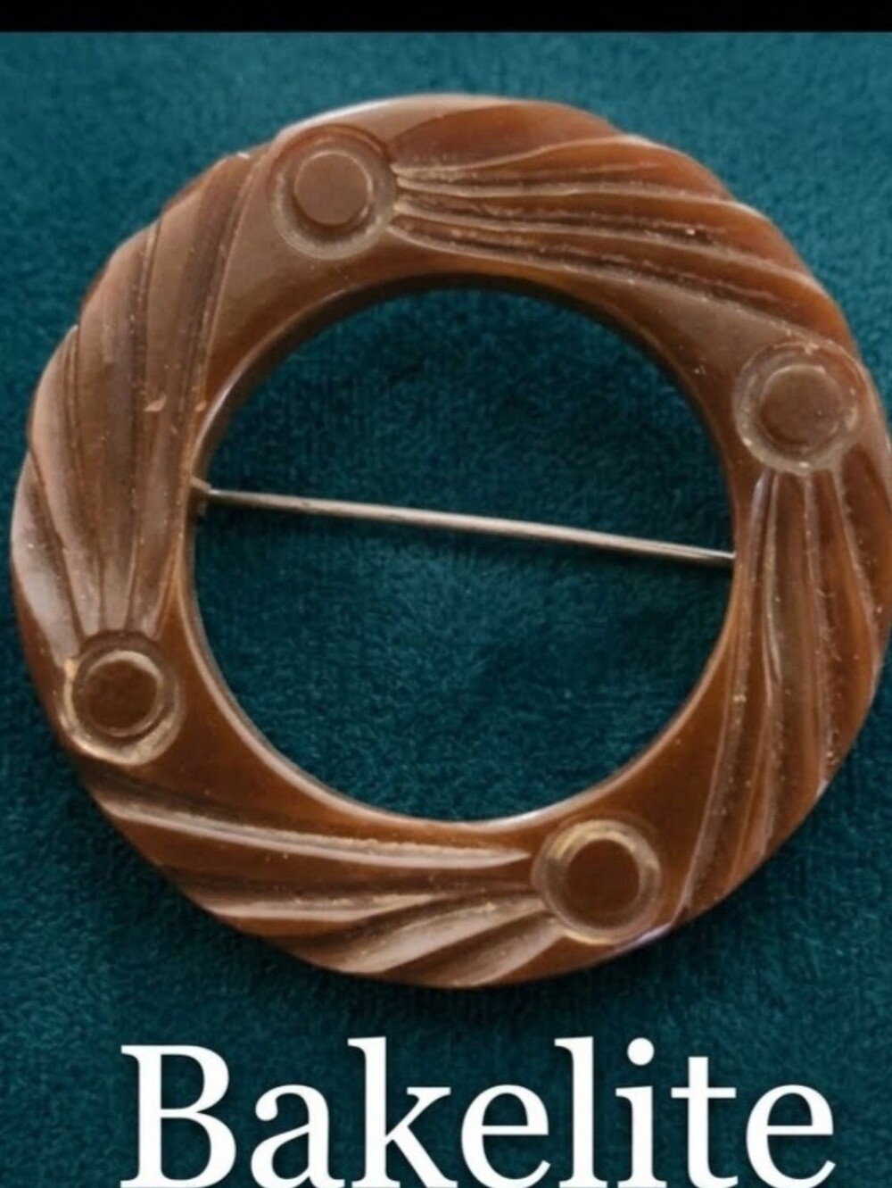 Vintage Carved Bakelite Brooch Brown O Ring Wreath Pin Art Deco 1930s Art Deco